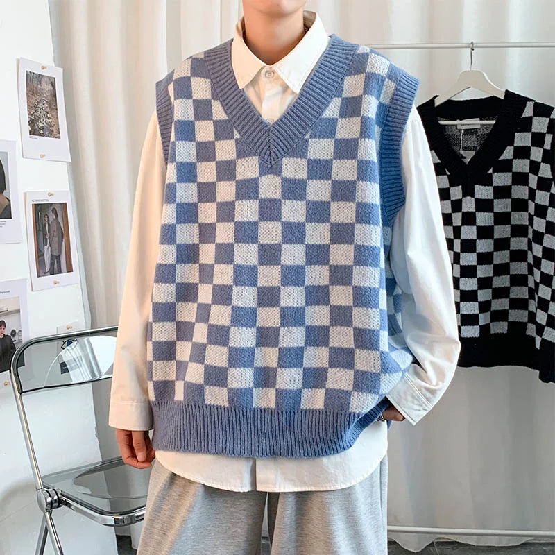 Men Knitted V Neck Japanese Vintage Loose Sleeveless Plaid Vests Chic Pullovers Chaleco Hombre Blue Checkerboard Sweater Vest