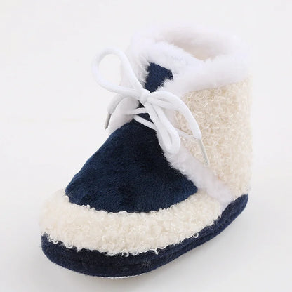 Korean Style Patchwork Plush Baby Shoes - Soft Sole, Cotton Padded, Lace-up Snow Boots for Adorable Boys and Girls 0-18M