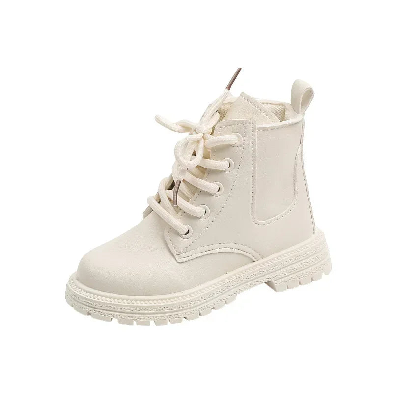 2025 Beige Girls Boots Side Zipper Simple Non-slip Casual Kids Shoes Versatile Soft Boys Britain Style Children Short Boots PU