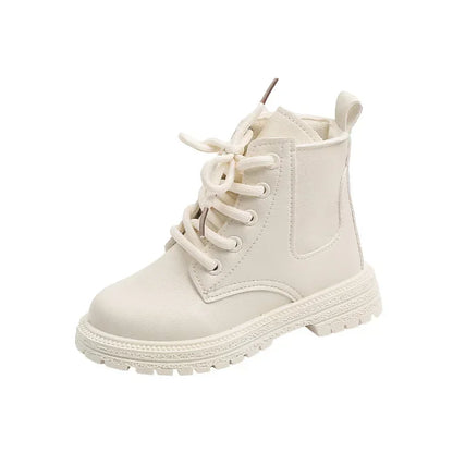 2025 Beige Girls Boots Side Zipper Simple Non-slip Casual Kids Shoes Versatile Soft Boys Britain Style Children Short Boots PU