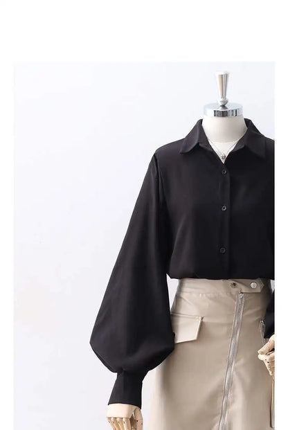 Lantern Sleeves Vintage Shirts Women Elegant White Women's Blouse with Lush Sleeves 2025 Fashion Button Up Shirt Black dropship
