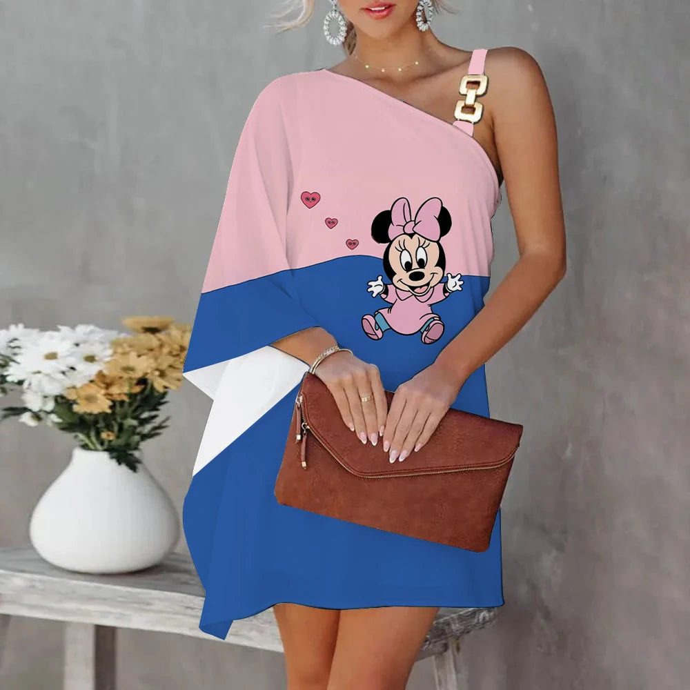 Mini Dress Luxury Party Dress Evening Dresses Diagonal Collar One-Shoulder Mickey Elegant Dresses for Women Disney Minnie Mouse