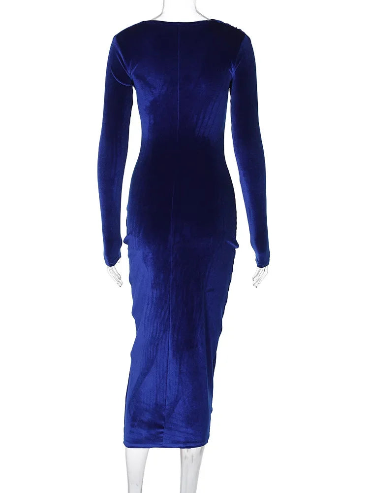 BWQ 2025 Spring Summer Velvet Long Sleeve Midi Dress For Women Ruched Long Dress Elegant Party Clothes Evening Green Outfits