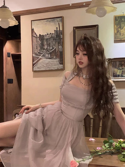 Korean Casual Midi Dress for Women 2025 New Summer Fashion Elegant Off The Shoulder Folds Ruffle Female Clothes Birthday Dress