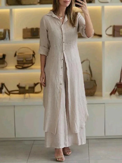 2025 New Product Women's Summer And Autumn Urban Elegant Cotton Hemp Slimming Waist Long Shirt Wide Leg Pants Two Piece Set