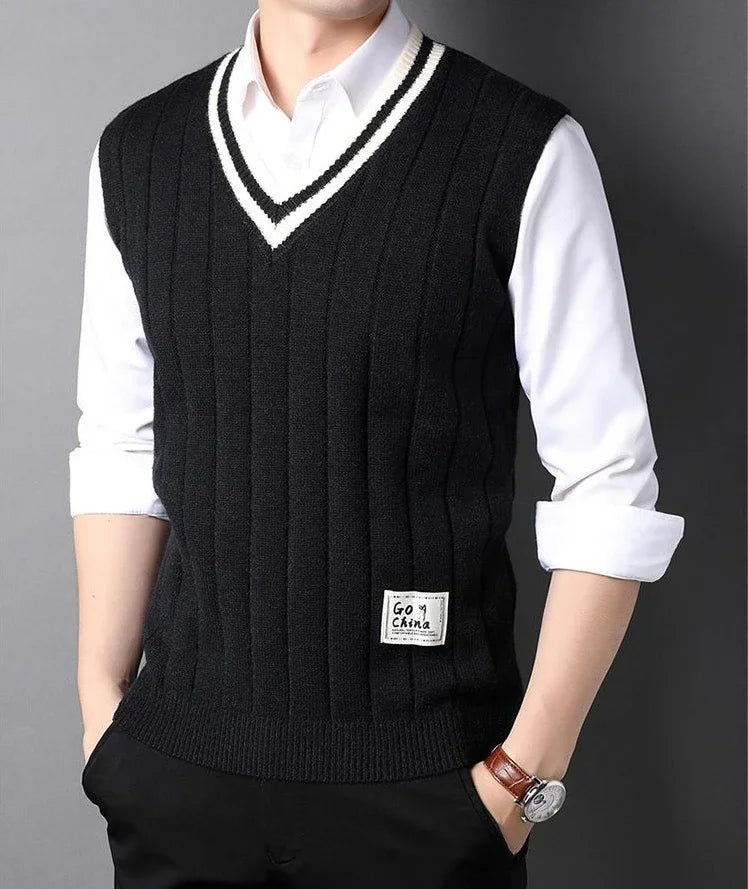 Men's Clothing Icon Knit Sweater Male Sleeveless Striped Waistcoat Vest Beige Heated Korean Style High Quality Replica Street X