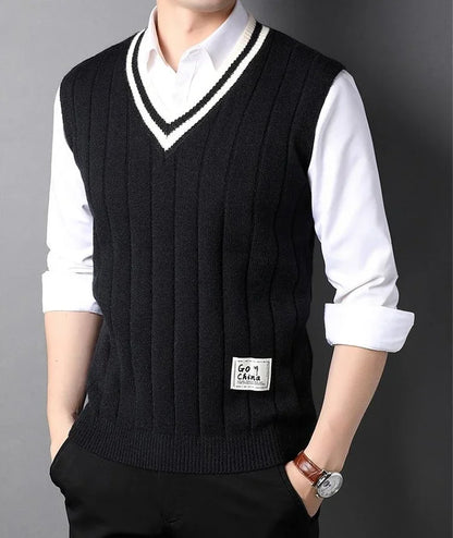 Men's Clothing Icon Knit Sweater Male Sleeveless Striped Waistcoat Vest Beige Heated Korean Style High Quality Replica Street X