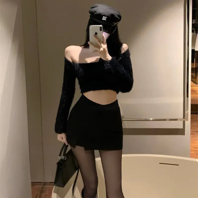 2025 Black Split Mini Skirts Women Summer Club High Waist Slit Skirt Streetwear Korean Party Fashion Irregular Slim A Line Skirt