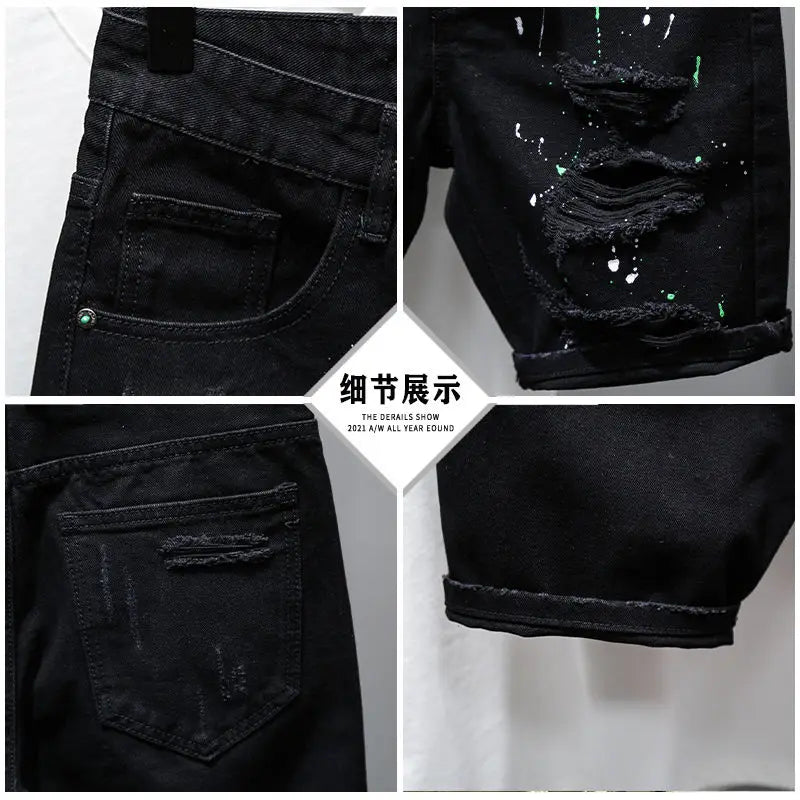Fashion Summer New Casual Denim Jeans Knee Length Shorts for Men Black Cowboy Low Rise Ripped Holes Boyfriend Men's Denim Shorts
