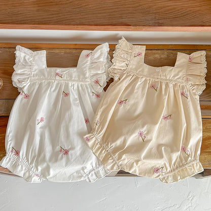 Newborn Baby Girls Jumpsuit Flying Sleeve Cotton Flower Embroidery Toddler Baby Girl Bodysuits Baby Girls Clothes For Summer