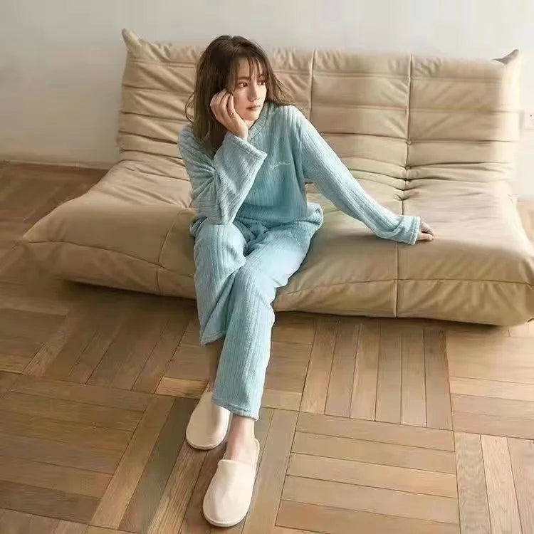 2025 Autumn Winter Warm Flannel Women Pijamas Sets Thick Coral Velvet Long Sleeve Cartoon Sleepwear Thin Flannel Pajamas Set