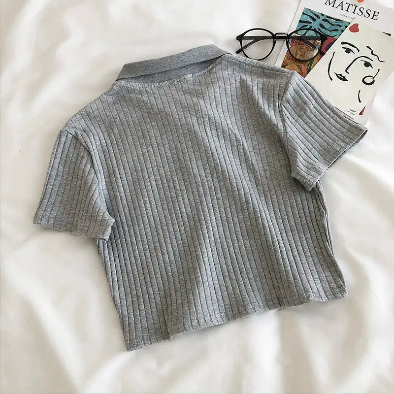 Women Knit School Polo Neck Cropped Shirt Summer Short Sleeve Youthful Solid Color Crop Top Female Basic Blouse Lady Pullover