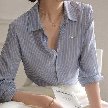 Women's Shirt New Popular Classic High Grade Female Long Sleeved Shirt Vintage Elegant Stripe Versatile Office Lady Fashion Tops
