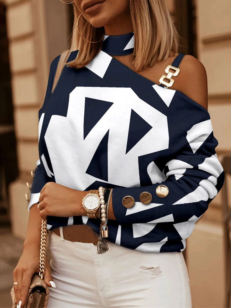 Sexy Off Shoulder Halter Neck Women Blouse Long Sleeve Fashion Print Casual Loose Tops 2025 Autumn Elegant Office Ladies Blouses