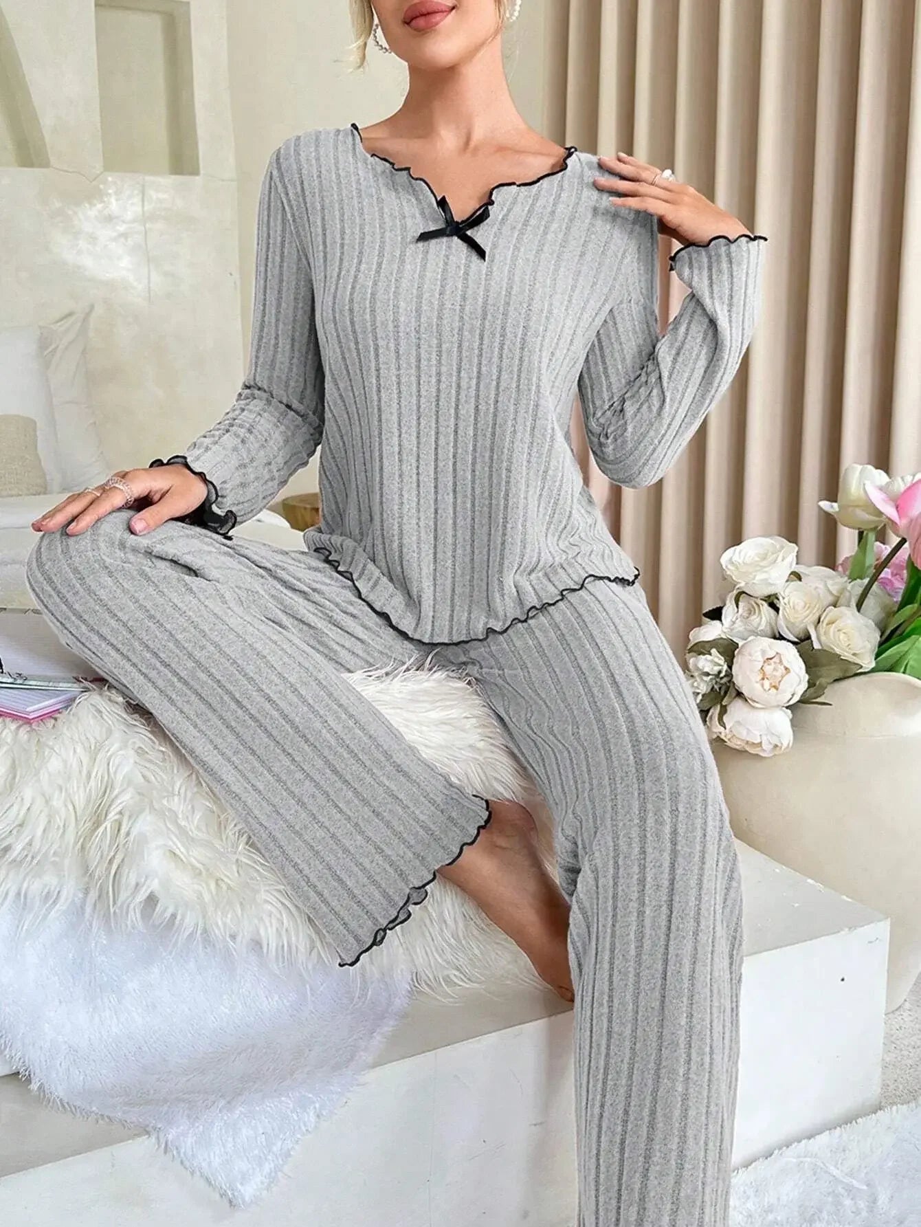 Women Autumn Winter Sleepwear Ribbed Pajamas Set Long Sleeve Top and Long Pants 2 Piece Set Casual Home wear Loungewear