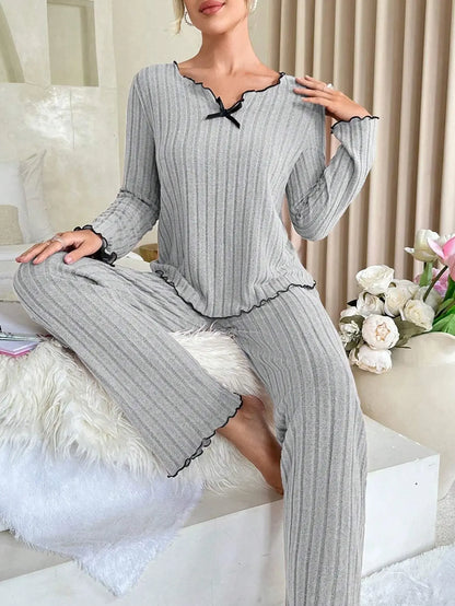 Women Autumn Winter Sleepwear Ribbed Pajamas Set Long Sleeve Top and Long Pants 2 Piece Set Casual Home wear Loungewear