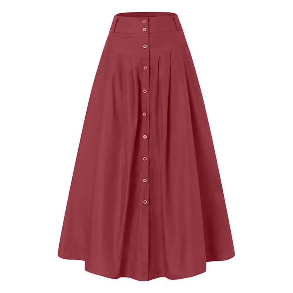 Big Hem Women Long Skirt Solid Color High Waist All Match Button Decor A-line Summer Loose Maxi Skirt Female Garment