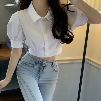 Korean Fashion Women's Shirt Summer Elegant Youth Blouses Clothes Preppy Puff Sleeve White Shirts Cropped Cute Top 2025