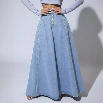 Denim Skirts Women Long Skirt A Line Single Breasted High Waist Jeans Vintage Maxi Simple Casual Elegant Splice Y2k Streetwear