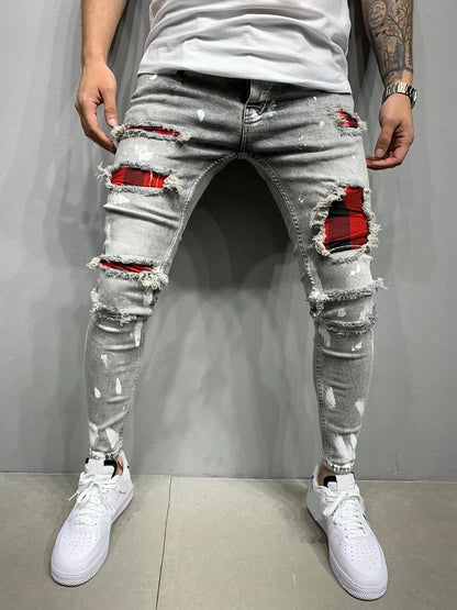 Men Jeans Knee Hole Ripped Stretch Skinny Denim Pants Solid Splice Color Blue Autumn Summer Hip-Hop Style Slim Fit Trousers 2025