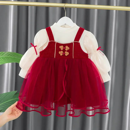 Toddler Baby Girls Dress Autumn  Winter Kids Red Christmas New Year Plush Warm Dress Infant Clothing Set Top+ skirt For 1-4 Years