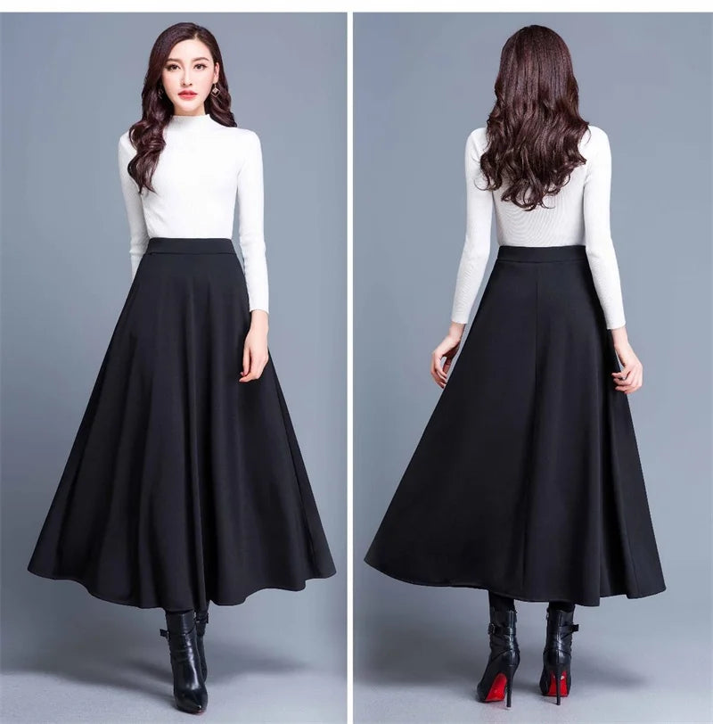 Spring Autumn Large Size A-Line Skirts Women Elastic High Waist Wine Red Black Long Skirt Female Casual Solid Color Maxi Skirts