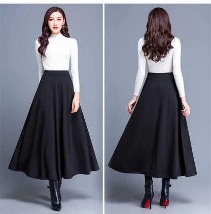 Spring Autumn Large Size A-Line Skirts Women Elastic High Waist Wine Red Black Long Skirt Female Casual Solid Color Maxi Skirts