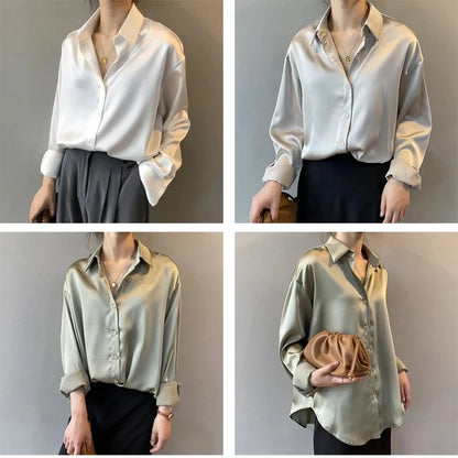 Spring Fashion Button Satin Silk Shirt Hong Kong Style Retro Shirt Women's White Top Women's Long sleeved Women's Loose Street