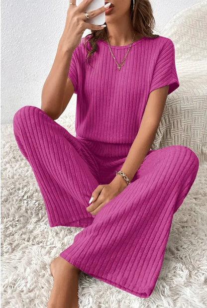 Women Spring Autumn New Collection Solid Color Fine Pit Strip Fashion Shoulder Short Sleeve Knitted Set Top Pants Two Piece Set
