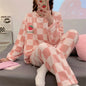Autumn Winter Kawaii Cartoon Pajama Sets Women Pajamas Plaid Flannel Long Sleepwear Girl Pajama Night Suits Home wear PJ Suit