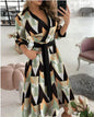 Office Women Casual Sashes A-Line Wrap Summer Dress 2025 Print Long Sleeve V-Neck Dress Pocket Elegant Midi Party Dress Vestidos