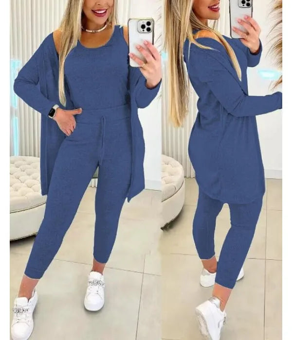 Elegant Fall Outfits Women 2025 Suit Fashion Versatile Casual Round Neck Tank Top & Drawstring Pants Set with Coat Three-piece