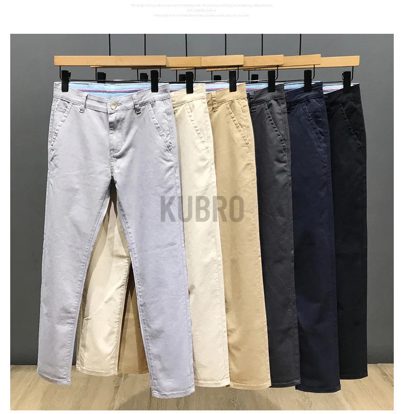 KUBRO Korean Style Cotton Soft Elastic Slim Straight Trousers Summer Thin Office Fashion Versatile Men's Business Casual Pants