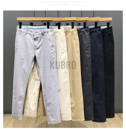 KUBRO Korean Style Cotton Soft Elastic Slim Straight Trousers Summer Thin Office Fashion Versatile Men's Business Casual Pants