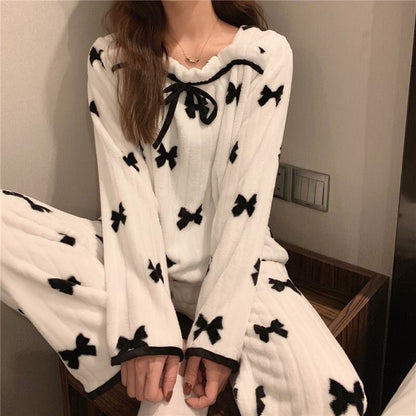 Square Collar Women Pajamas Set Winter Sleepwear Fleece Velvet 2 Piece Pant Home Suit Fluffy Korean Solid Pajama Warm Night Wear