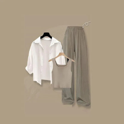 2025 Summer New Fashion Tracksuit Matching Set Women's Elegant White Sunscreen Shirt+ Vest+ Casual Wide Leg Pants 3-Piece Suit