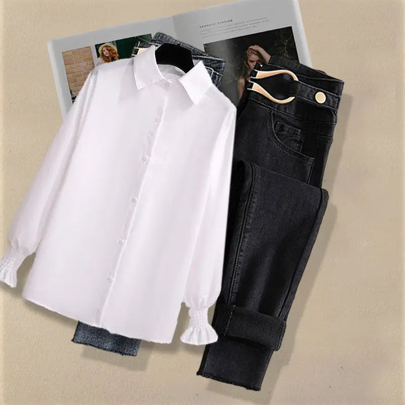 2025 Autumn Increased Size Korean Popular Chiffon Shirt Knitted Sweater Jeans Three Piece Elegant Women's Pants Set Tracksuit