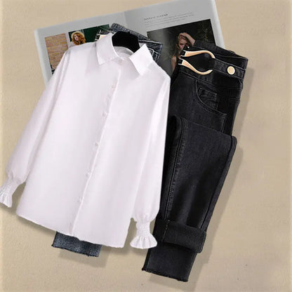 2025 Autumn Increased Size Korean Popular Chiffon Shirt Knitted Sweater Jeans Three Piece Elegant Women's Pants Set Tracksuit