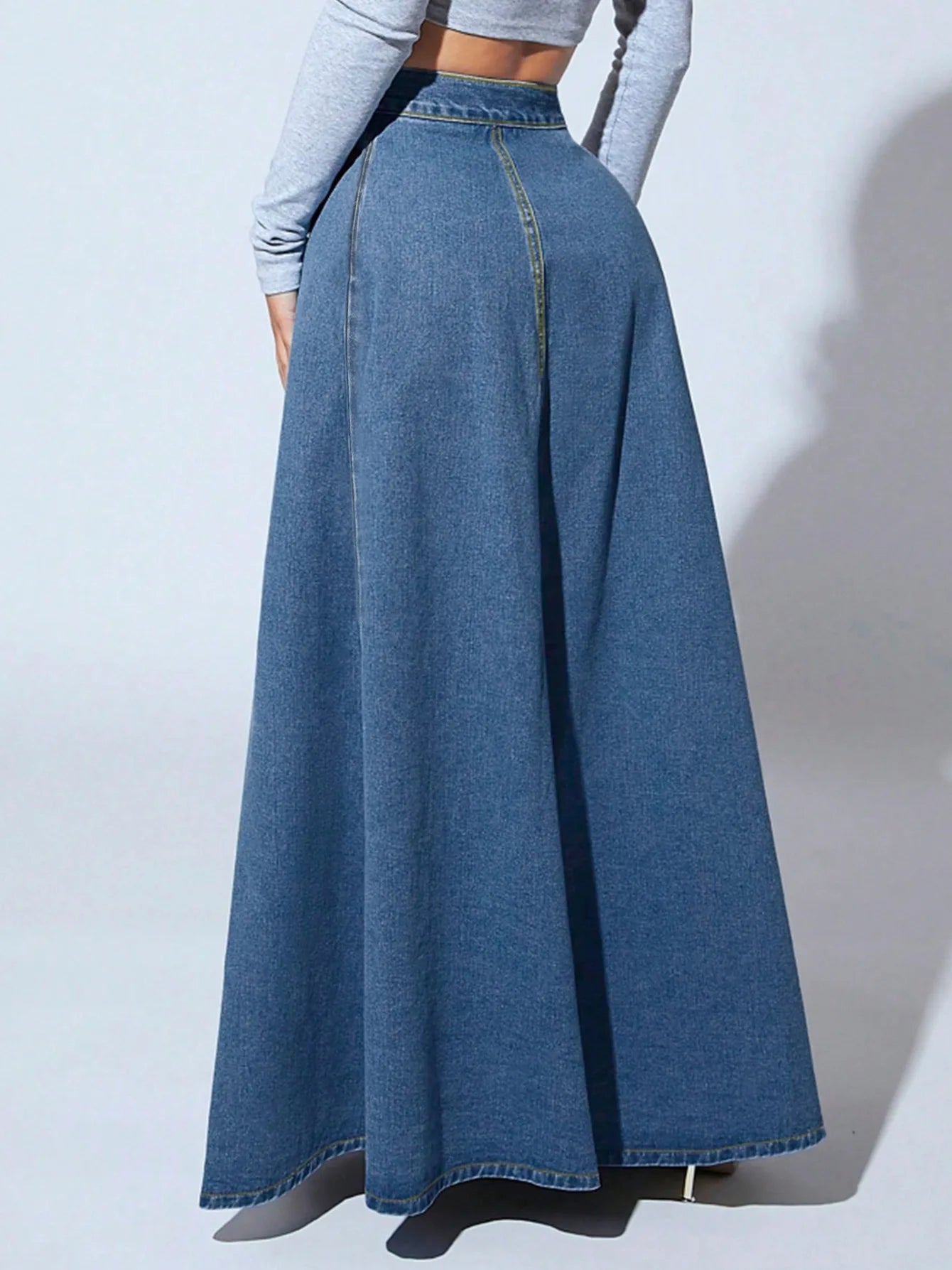 Denim Skirts Women Long Skirt A Line Single Breasted High Waist Jeans Vintage Maxi Simple Casual Elegant Splice Y2k Streetwear