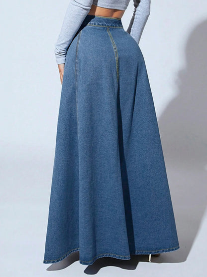 Denim Skirts Women Long Skirt A Line Single Breasted High Waist Jeans Vintage Maxi Simple Casual Elegant Splice Y2k Streetwear