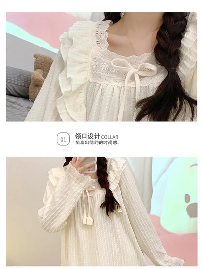 5XL Plus Size Spring Ladies Pajamas Set Princess Style Cotton Soft Sleepwear Square Neck Long-sleeve Trousers suit Household Wear