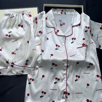 Cherries Print Two Pieces Pajamas Set Summer Faux Stain Pajamas Fashion Home Clothes Ladies Casual Shorts and Top Set Pyjamas