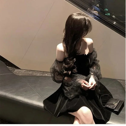 New 2025 Black Retro Dress Women Lace Chiffon Mini Dress Female High Street Sexy Korean Fashion Dress Women Club Dress