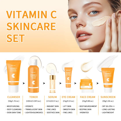 6pcs/set Vitamin C Skin Care Set Deep Cleansing Facial Cleanser Face Cream Moisturizing Anti Wrinkles Face Care Kit Gift Box