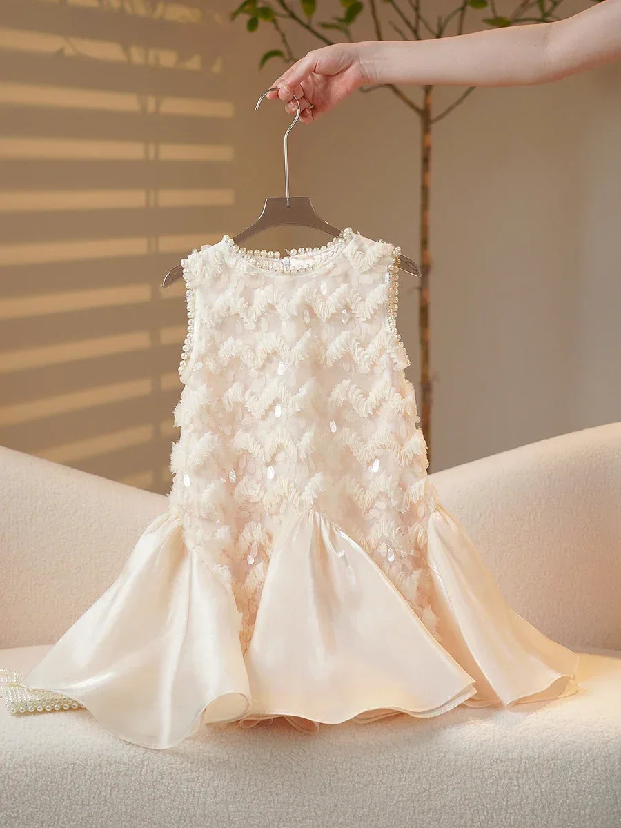 2025 Girls New High-end Dress Costumes Formal Clothes Beige Summer Matching Clothes White Short Sleeves Princess Party Wedding