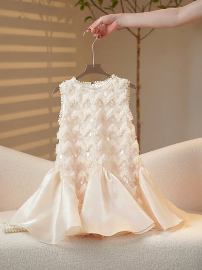 2025 Girls New High-end Dress Costumes Formal Clothes Beige Summer Matching Clothes White Short Sleeves Princess Party Wedding