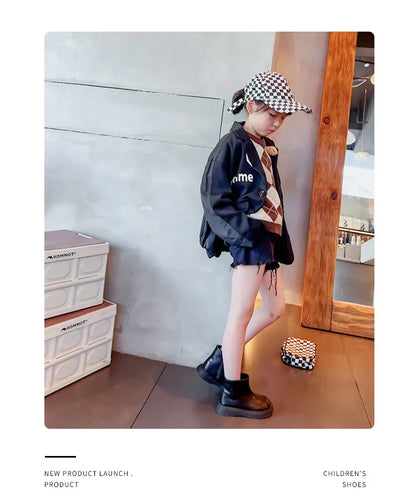 Autumn Winter Children's Boots Fashion Simple Style Girl's Ankle Boot Causal Versatile Black Kid Short Leather Boots Side Zipper