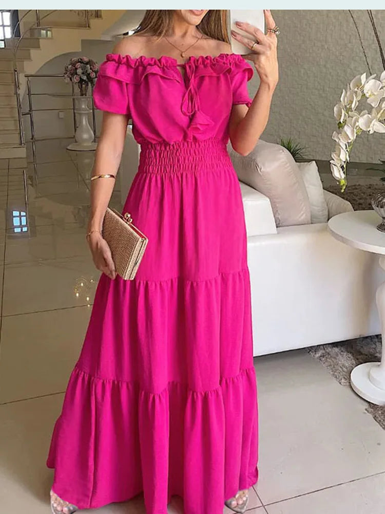 Summer Boho Red Dress Fashion Short Sleeve Beach Long Dress Casual Loose Elegant Holiday Party Dresses For Women Robe Femme 2025