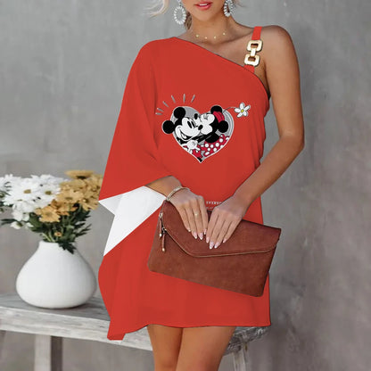 Mini Dress Luxury Party Dress Evening Dresses Diagonal Collar One-Shoulder Mickey Elegant Dresses for Women Disney Minnie Mouse