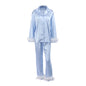 Women Spring Fall Soft Pajamas Sets Fur Feather Trim Long Sleeve Button Satin Silk Shirts Pants Loungewear Sleepwear Home wear